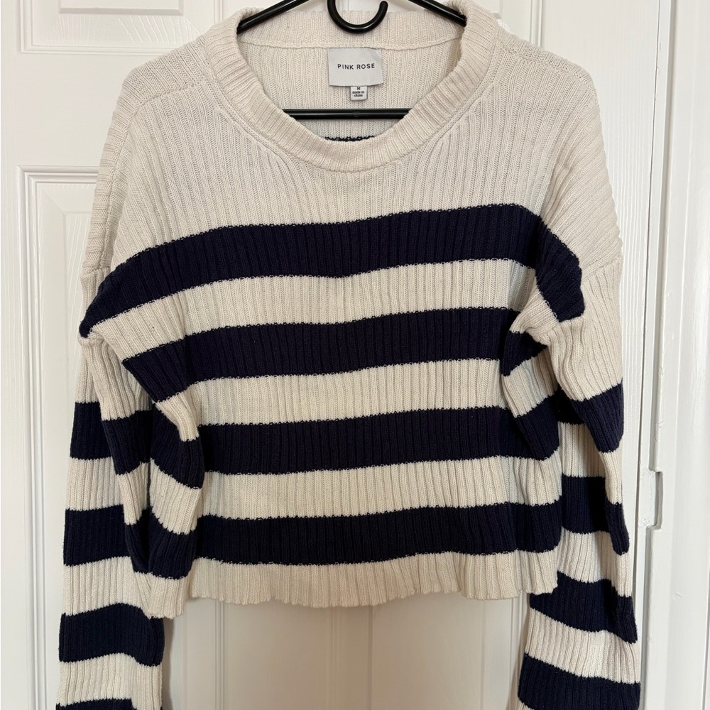 Pink Rose Women's Navy and Cream Striped Sweater